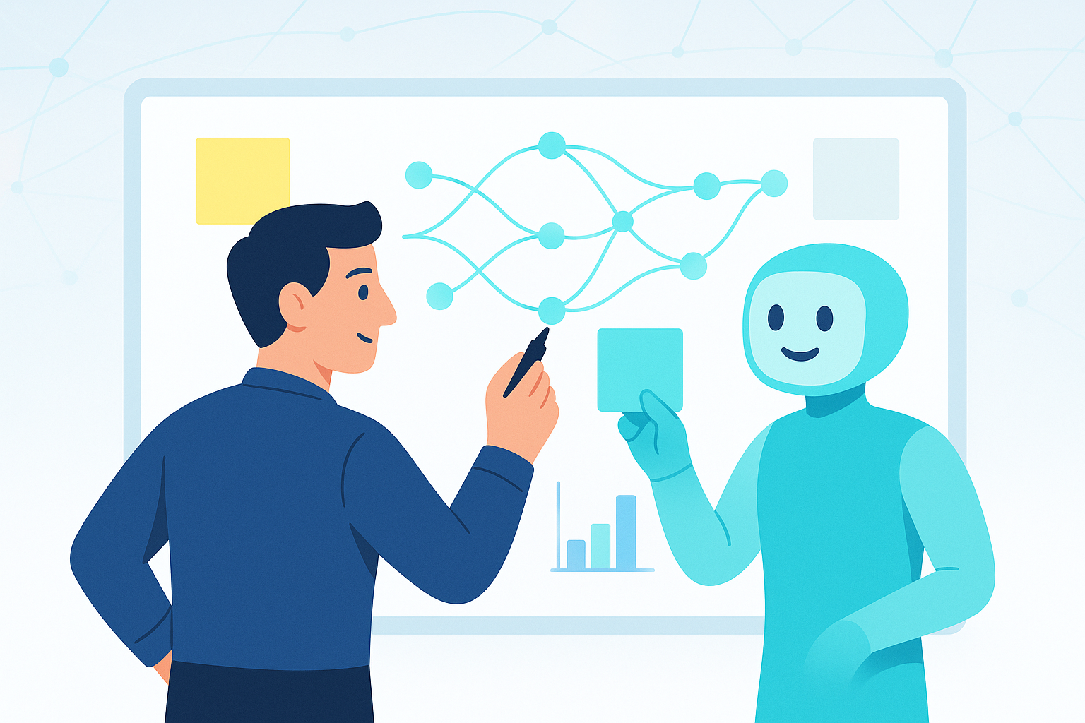 Mensch und KI-Avatar arbeiten gemeinsam an einem digitalen Whiteboard mit Netzlinien und Post-its